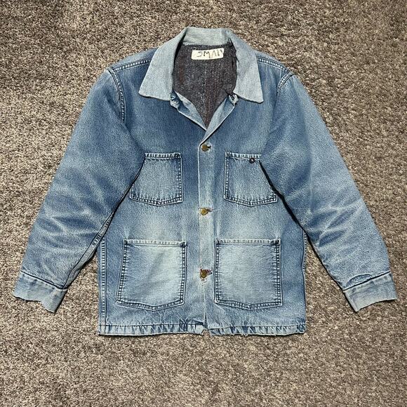 Vintage Thrashed Denim Chore Jacket Lined Barn Coat 70s 80s French Blue S/M - Picture 10 of 10